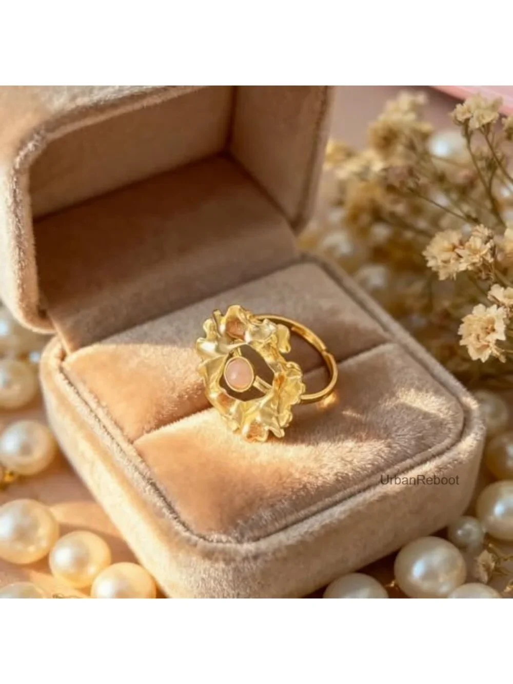 Stainless Steel Hammered Floral Ring with Pink Gemstone, Adjustable Sizes 7-10,